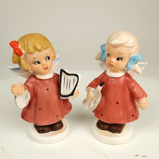 Pair of Vintage Musician Angel Figurines Playing Accordion and Flute, Carved-Wood Style Ceramic/Chalkware — listing 4