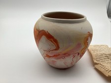 Nemadji Pottery Swirl Vase with Green, Orange & Brown Marbled Glaze