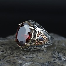 Vintage Men's Signet Ring with Emerald-Cut Red (Synthetic Ruby) Stone, Engraved Shoulders — listing 2