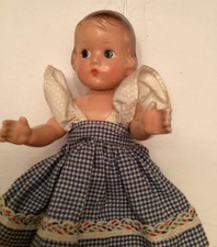 Vintage Composition Doll with Molded Painted Face, Floral Dress and Headscarf, listing 2