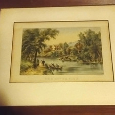 Framed Reproduction Print of a Pastoral River Landscape with Angler — listing 6