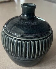Handcrafted Ribbed Studio Pottery Vase, Rustic Brown Tenmoku-Style Glaze, 5" Tall, listing 3