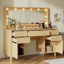 Vintage Oak Kneehole Vanity Desk / Dressing Table with Mirror, Stool, and Cabinets — listing 4