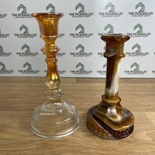 Pair of Amber Glass Candlesticks with Encrusted Gold Gilt Bands — listing 2