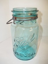 Antique Ball Sure Seal Aqua Green Glass Mason Jar with Glass Lid and Wire Bail Closure, Quart Size — listing 2