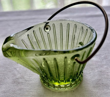 Vintage Green Glass Coal Scuttle Figural Novelty Dish with Wire Bail Handle — listing 2