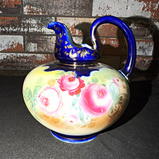 Hand-Painted Ceramic Ruffled Rim Vase with Rose & Wildflower Garden Motif, Signed 'Swanson 98'