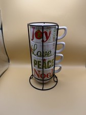 Set of 4 Stackable Ceramic Word Mugs with Black Wire Stand (thank you, calm, love, happy) — listing 2