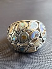 Costume Cocktail Ring with Round Abalone/Mother-of-Pearl Cabochon and Beaded Silver-Tone Setting — listing 5