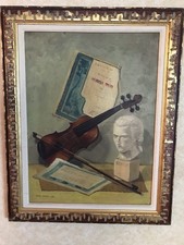 Musical Still Life Oil Painting with Violin, Sheet Music, and Books in Carved Giltwood Frame — listing 5