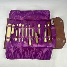 Antique Travel Manicure Set with Celluloid Handles in Aqua Brocade Snap Case — listing 6