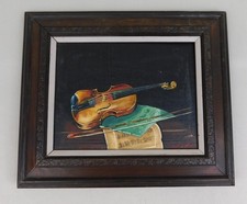 Musical Still Life Oil Painting with Violin, Sheet Music, and Books in Carved Giltwood Frame — listing 6