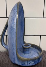 Fulper Pottery Blue Flambé Glaze Chamberstick Candle Holders, Pair Fulper incised, listing 4