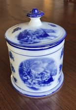 Antique Blue & White Transferware Biscuit Barrel with Wicker Handle and Lid — listing 3