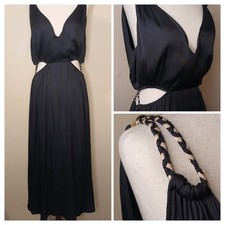 Reset Black Satin Cutout Maxi Slip Dress with Gold Chain Straps, Size Small