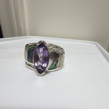 Costume Cocktail Ring with Round Abalone/Mother-of-Pearl Cabochon and Beaded Silver-Tone Setting — listing 4