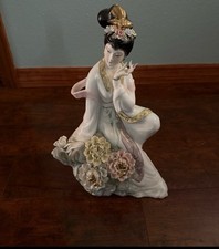 Asian-Themed Porcelain Collector Doll in Blue Brocade Kimono with Pillow — listing 4