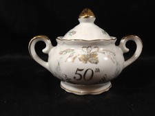 Vintage Porcelain Covered Sugar Bowl with White Scroll Damask Pattern and Platinum Trim — listing 4