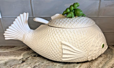 Figural Fish Soup Tureen with Lid, Pink/Mauve Majolica-Style Ceramic — listing 3