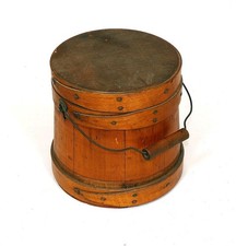 Antique Primitive Wooden Firkin Sugar Bucket with Lid and Bentwood Handle, 12" Round x 12" Deep — listing 5