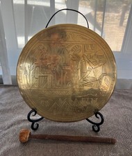 Egyptian Revival Etched Brass Vase with Pharaonic Figures, Trumpet Neck — listing 4
