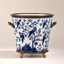 Chinoiserie Bird & Floral Cachepot / Jardinière with Cobalt Blue Scrollwork Ground