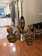 Vintage Wrought Iron & Wood Beaded Candleholder with Figural Leaf Stem — listing 3