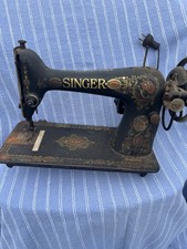 Antique Singer Electric Sewing Machine Head with Red Eye Decals, on Wood Base, listing 2