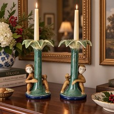 Figural Palm Tree & Monkey Candlestick Holder, Bronze-Finish Cast Metal/Resin — listing 4