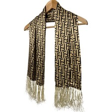 Fendi Zucca FF Monogram Silk Scarf, Gold and Brown with Satin Border