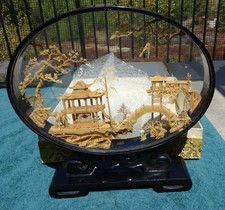 Vintage Chinese Carved Cork Diorama with Pagoda, Junk Boat and Landscape in Black Lacquer Frame, listing 2