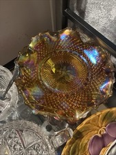 Indiana Glass Amber Carnival Glass Oval Fruit Bowl, Harvest Grape Pattern — listing 6