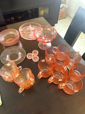 Art Deco Pink Depression Glass Footed Console Bowl with Chevron Pattern, 10" Diameter — listing 5