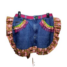 upcycled apron handmade Handmade Upcycled Denim Apron with Eyelet Lace Trim and Fabric Appliqués — listing 4