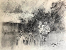 Original Charcoal Portrait of a Young Boy in Plaid Shirt, Signed 'David Hunt' — listing 4