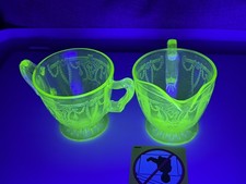 Vintage Green Uranium Depression Glass Creamer and Sugar Bowl Set, Cameo Ballerina Pattern, Anchor Hocking — listing 2