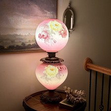 Pair of Vintage 1971 Gone with the Wind Style Hurricane Table Lamps with Floral Painted Glass