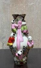 Chinese Satsuma-Style Crackle Glaze Vase with Koi Fish and Blue Brocade Panels