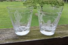 Pair of Antique Etched Glass Tumblers with Star-Cut Base, Scroll and Lace Band Motif — listing 2