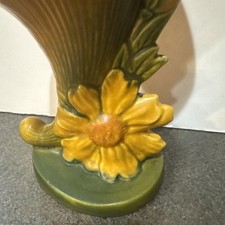 Roseville Pottery Peony Pattern Cornucopia Vase, Yellow/Green — listing 2