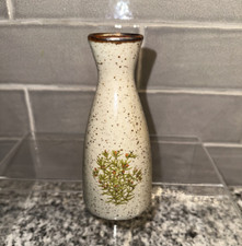 Vintage Takahashi Speckled Stoneware Sake Bottle Vase with Woven Rattan Medallion — listing 4
