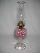 Antique Cranberry Glass Oil Lamp with Milk Glass Base and Etched Chimney — listing 6