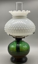 Vintage Green Glass Hurricane Oil Lamp with White Hobnail Milk Glass Shade