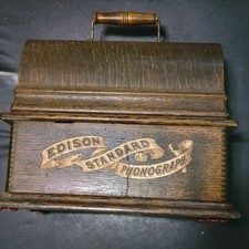 Antique Thomas Edison Standard Cylinder Phonograph with Metal Horn and Working Crank, Oak Case — listing 2