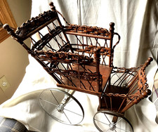 Antique Wicker Doll Carriage Pram with Metal Spoke Wheels and Folding Hood — listing 2