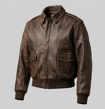 Vintage Distressed Brown Leather Bomber Flight Jacket with Patches — listing 3