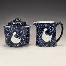 Hand-Thrown Stoneware Canister Set with Blue Goose Motif (5 Lidded Crocks + Handled Bowl)