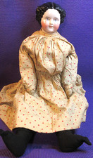 Vintage 12 Inch Porcelain China Head Doll in Gold Satin Dress with Black Tulle Overlay