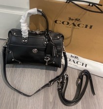 Black Leather Satchel Handbag with Contrast Brown Trim and Brass Hardware — listing 3