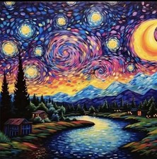 Completed Diamond Painting of Van Gogh's Starry Night, Framed Under Glass — listing 2
